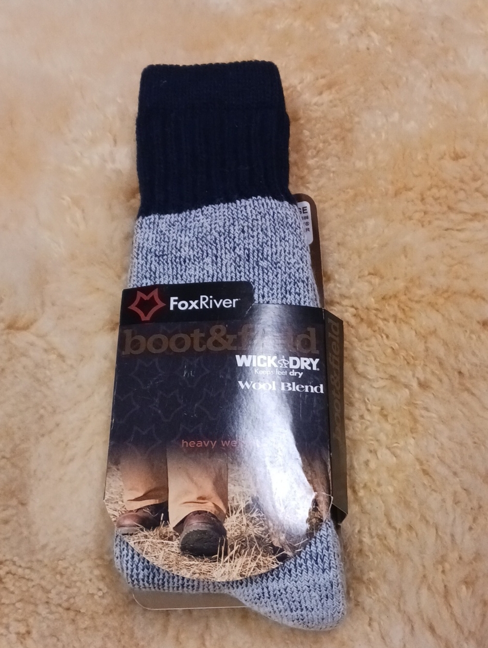 FoxRiver Men’s Wool Blend Boot Socks - Navy Cuff, Light Gray Body